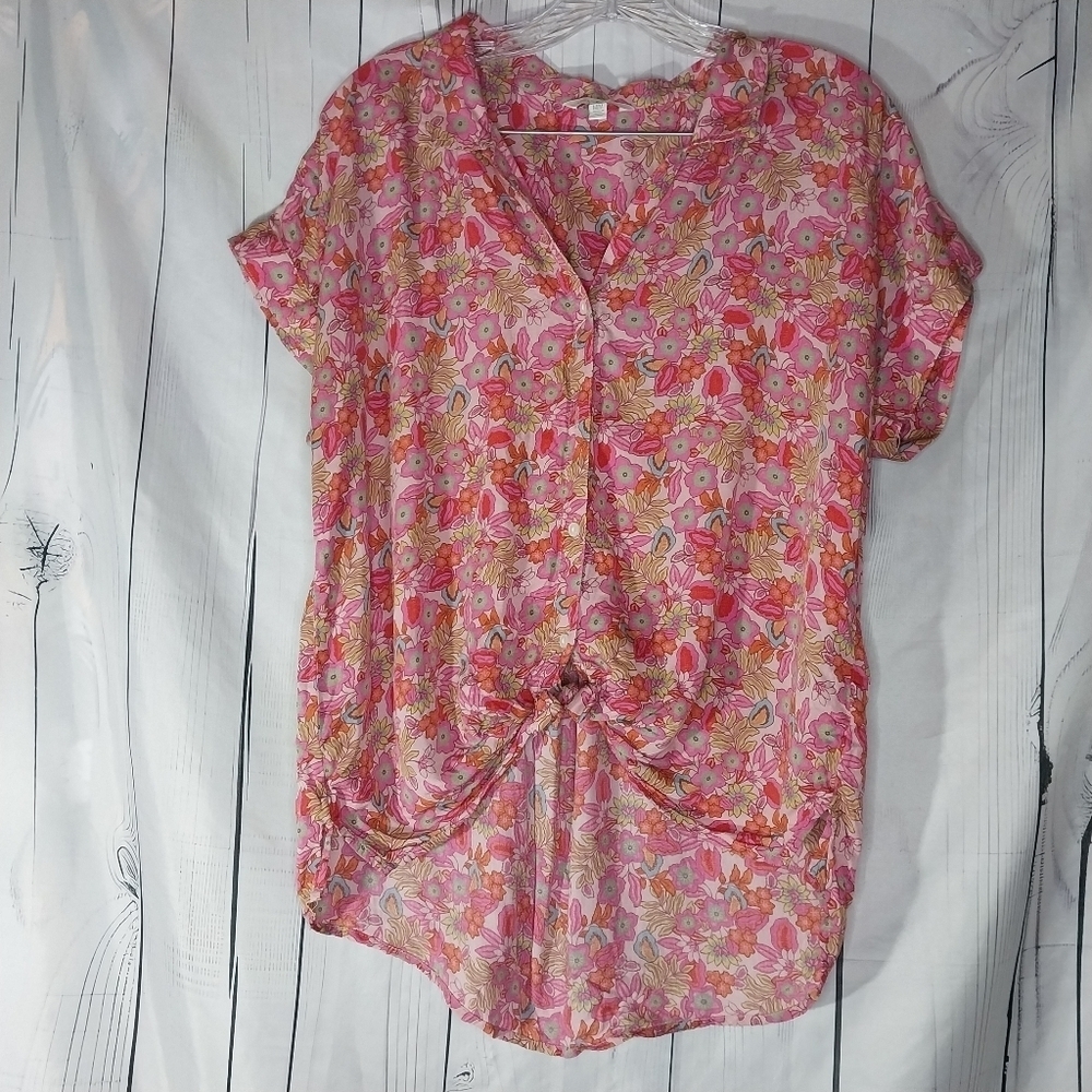Lucky Brand Women's Pink Button Down Loose Fit Casual Boho Cottagecore Top